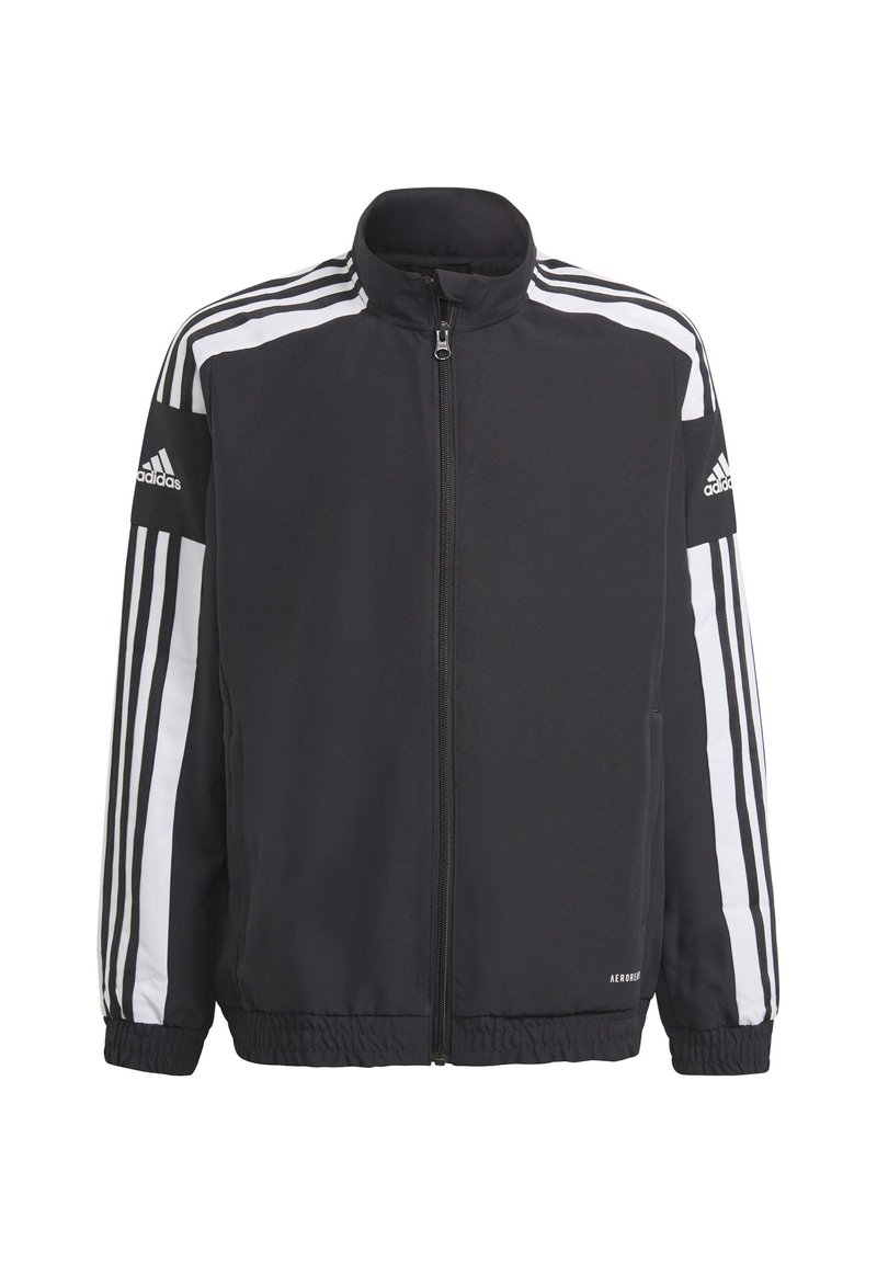 Schwarze Trackjacke mit weißen Streifenakzenten, durchgehendem Reißverschluss, Stehkragen und elastischen Bündchen. Adidas-Logo auf dem Ärmel und Saum.