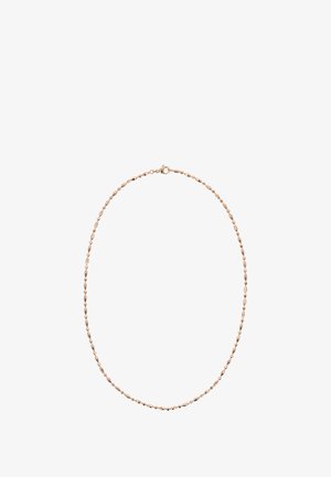Rose gold -värinen metallikaulakoru, jossa on soikea helminauha ja solkikiinnitys. Pinnan sileä rakenne ja kiiltävä viimeistely.