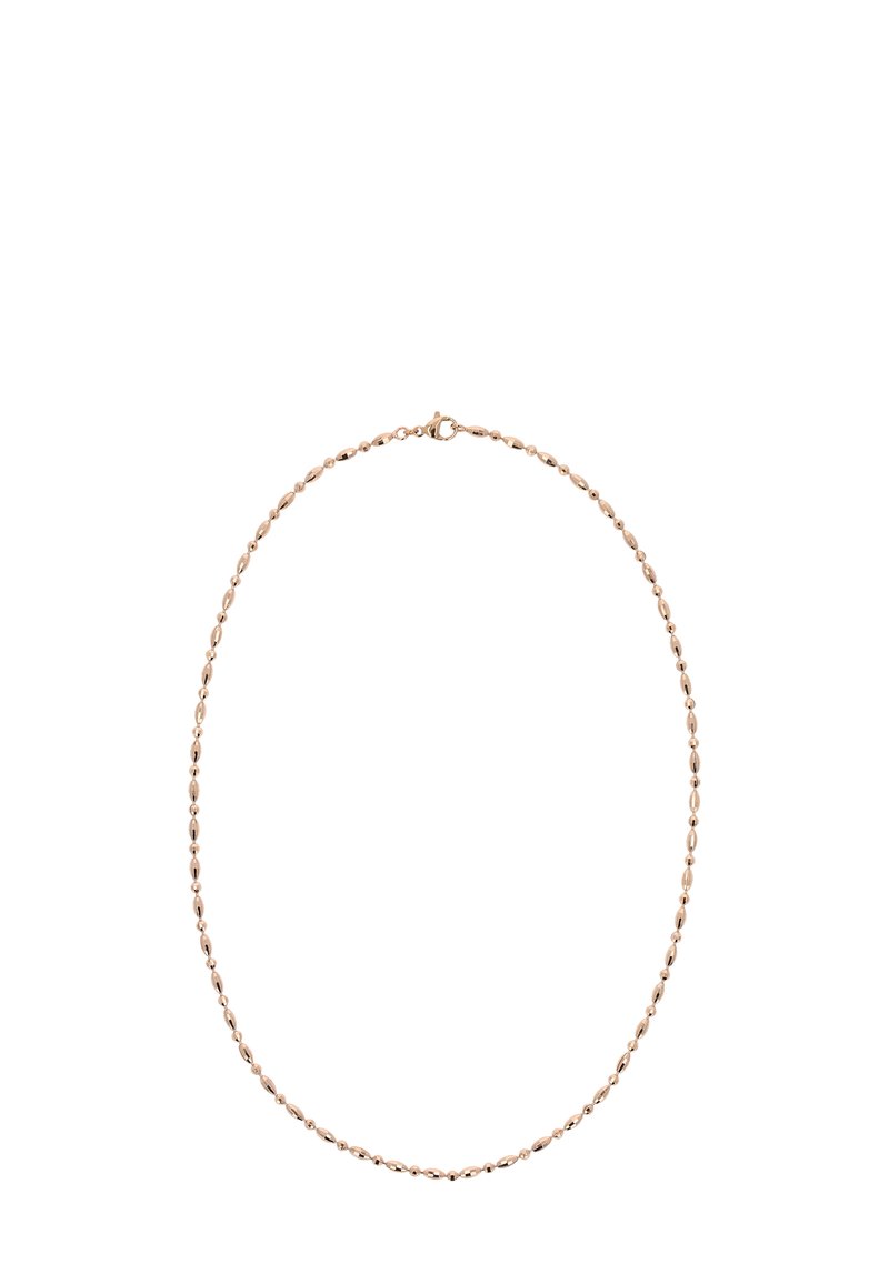 Halskette aus roségoldfarbenem Metall mit ovaler Perlenketten-Design und einem Verschluss. Glatte Textur mit poliertem Finish.