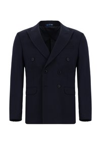 Granatowa marynarka dwurzędowa wykonana z fakturowanej tkaniny, z klapami szczytowymi, czarnymi guzikami i dwoma bocznymi kieszeniami, o eleganckim, dopasowanym kroju.