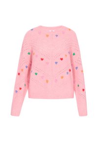 Rosa gestrickter Pullover mit Herzmustern in verschiedenen Farben. Hat einen Rundhalsausschnitt, lange Ärmel und ein offenes Strickmuster.