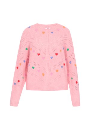 Rosa gestrickter Pullover mit Herzmustern in verschiedenen Farben. Hat einen Rundhalsausschnitt, lange Ärmel und ein offenes Strickmuster.