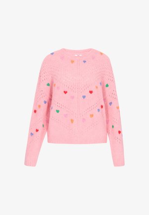 Rožinė megzta suknelė su širdelės raštais įvairiomis spalvomis. Turi apvalų kaklą, ilgomis rankovėmis ir atviro mezgimo tekstūrą.