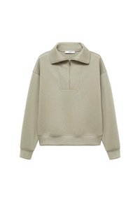 Lichtgroene sweatshirt met een kwart-rits, hoge kraag en lange mouwen. Zacht, gestructureerd materiaal met ribgebreide manchetten en onderrand. Minimalistisch ontwerp.