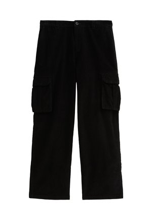 Black cargo pants made of sturdy fabric, featuring two side pockets, a button closure, and wide-leg design for comfort and utility.