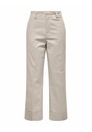 High-waist wide-leg beige trousers with belt loops, side pockets, front zip, and cuffed hems, shown against a white background.