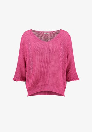 Suéter suelto de punto abierto en color rosa brillante con cuello en V y mangas hasta el codo, con dobladillo y puños acanalados.