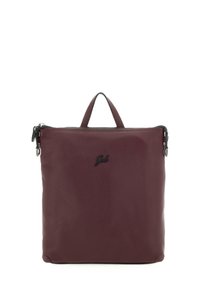 Borsa in pelle bordeaux con finitura testurizzata, chiusura con cerniera e manico superiore. Presenta un logo discreto sul davanti. Forma rettangolare.