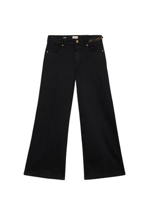 Jeans neri a gamba larga realizzati in denim con dettagli in metallo dorato. Presentano tasche frontali e un passante per la cintura per un tocco di stile e funzionalità.