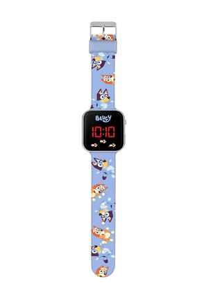 Orologio in silicone blu con personaggi animati su un cinturino azzurro chiaro, display digitale che mostra le 10:10 in rosso, chiusura in argento per la regolazione.