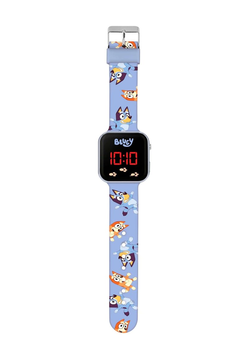 Blauwe siliconen horloge met animatiefiguren op een lichtblauwe band, digitaal display dat 10:10 in het rood weergeeft, zilveren sluiting voor verstelling.