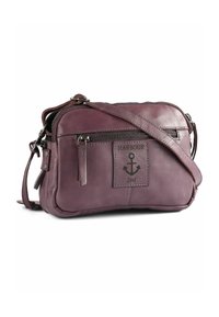 Borsa a tracolla in pelle viola con finitura testurizzata, dotata di una tasca frontale con logo a forma di ancora, chiusura con zip e tracolla regolabile.