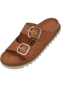Braune Leder-Sandale mit zwei verstellbaren Schnallen, Korkfußbett und einer strukturierten Gummisohle mit gewelltem Rand.