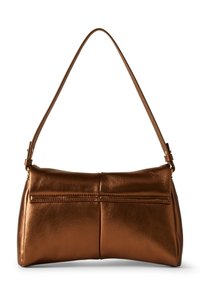 Brown leather handbag with a curved handle, featuring a smooth texture, two zippered compartments, and subtle stitching details.