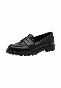 Black leather loafer with a textured upper panel and dual strap detail. Chunky rubber sole with a tread pattern for added grip.