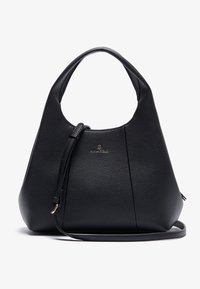 Borsa a tracolla in pelle nera con superficie texturizzata, silhouette arrotondata, manico corto e tracolla lunga rimovibile. Presenta un branding discreto.