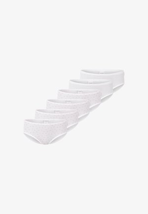 Cinq paires de culottes pour femmes en blanc, avec un mélange de couleurs unies et de rose clair avec de petits pois. Tissu extensible avec une taille élastique.