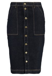 Jeanskjol i mörk tvätt med hög midja, framknappslås och två framfickor. Har gyllene detaljer och kontrasterande sömmar.