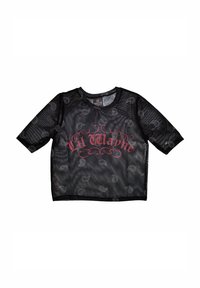 Black mesh short-sleeve t-shirt featuring red "Lil Wayne" text and paisley patterns. Soft texture with a relaxed fit and crew neckline.