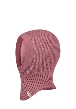 Gestrickte rosa Mütze mit geripptem Saum. Glatte Außenstruktur mit gemustertem Oberteil, versehen mit einem kleinen Etikett an der Seite.