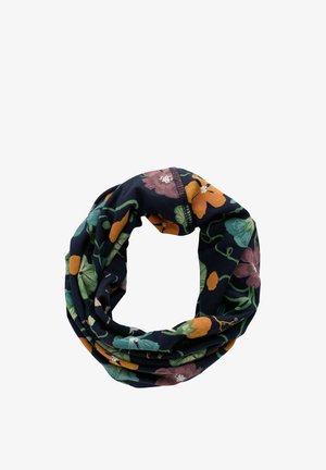 Mørkeblå stofhalsedisse med grønt, orange og lilla blomsterprint i en cirkulær løkke på hvid baggrund.
