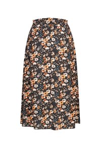 Fustă maxi neagră cu flori, având un brâu gathered, cu modele florale portocalii, albe și albastre, realizată dintr-un material ușor, cu un design fluid.