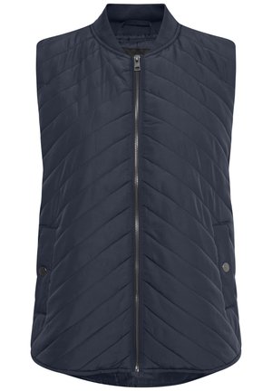 Mornarica k1154b3e1d vijest sa okruglim izrezom, prednjim patentnim zatvaračem i bočnim džepovima. Sadrži zig-zag uzorak i glatku teksturu.