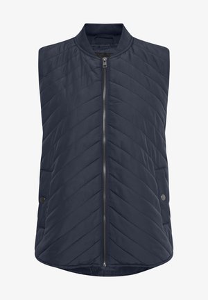 Mornarica k1154b3e1d vijest sa okruglim izrezom, prednjim patentnim zatvaračem i bočnim džepovima. Sadrži zig-zag uzorak i glatku teksturu.