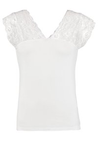 Vit ärmlös topp med en figurnära kropp och spetsdetaljer vid V-ringningen och axlarna. Mjuk klädsel och slät textur.