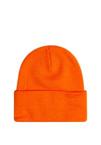 Berretto lavorato a maglia arancione con risvolto, caratterizzato da una trama a coste e un design della parte superiore senza cuciture.