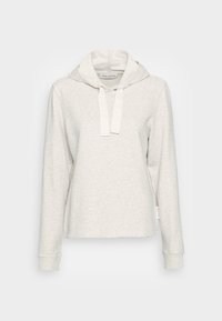 Světlě šedá mikina s kapucí, šňůrkou a dlouhými rukávy. Měkká textura a mírně volný střih. Štítek viditelný na boku.