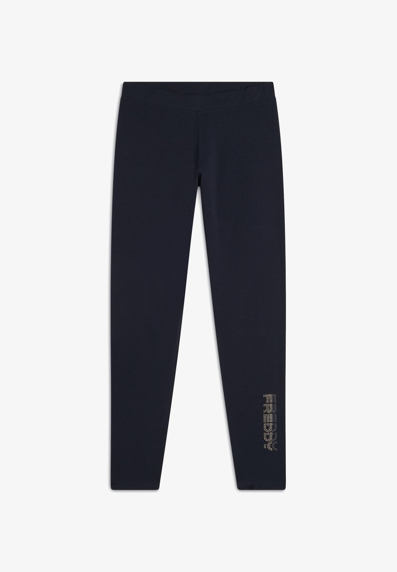 Leggings blu navy realizzati in materiale elastico, dotati di una vita alta e di un logo con strass sulla gamba sinistra. Texture liscia.