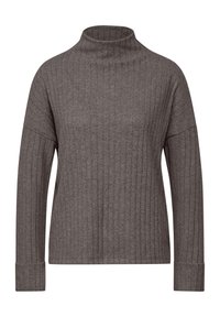 Grauer, langärmeliger Rollkragenpullover mit geripptem Muster, lockerer Passform und umgeschlagenen Bündchen. Der Stoff wirkt weich und angenehm zu tragen.