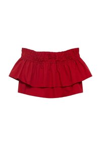 Top rosso in cotone senza spalle con design arricciato, scollatura elastica e due volant sovrapposti per un maggiore volume.