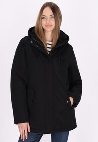 Zwarte hoodie jasje gemaakt van duurzaam materiaal, met een rits aan de voorkant, drukknopen, twee zijzakken en een losse pasvorm.