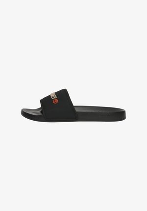 Black slide sandal featuring a wide strap with embroidered logo, smooth surface, and flat rubber outsole for comfort and easy wear.