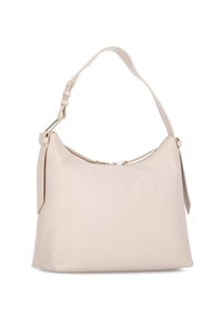 Borsa a tracolla in pelle beige con una finitura testurizzata, una singola tracolla regolabile e una chiusura con zip nella parte superiore. Accenti in metallo dorato discreti.