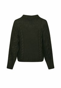 Tumši zaļš adīts džemperis ar teksturētu dizainu, kas ietver kabelīšus un ribotu apaļu kakla izgriezumu. Īsāks piegriezums ar garām piedurkn�ēm.