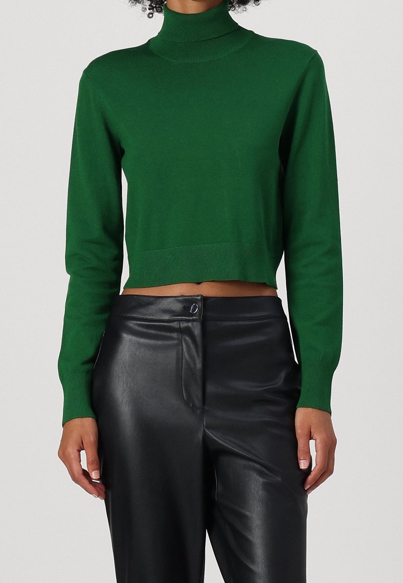 Pull vert court à col roulé en tissu tricoté doux ; manches longues avec poignets ajustés ; associé à un pantalon en cuir noir taille haute.