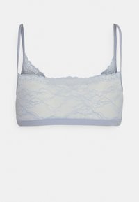 Sutiã bralette de renda azul clara com alças ajustáveis, padrão floral, bordas recortadas e uma faixa inferior suave para conforto.