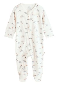 Body pour bébé blanc en coton doux, orné de motifs colorés de dinosaures et de plantes. Il possède une fermeture éclair à l'avant et des poignets élastiques.
