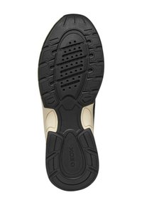Suela de zapatilla de goma negra con patrones texturizados y agujeros de ventilación. Presenta una entresuela de color crema y un diseño contorneado. Logotipo de GEox visible.
