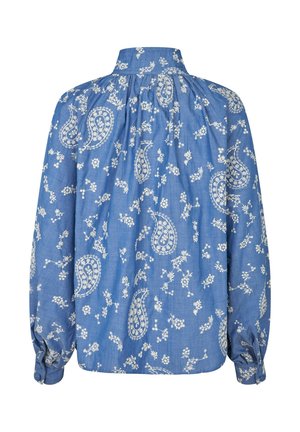 Modra bluzica z vzorcem, ki vključuje paisley motive in majhne cvetlične detajle. Dolgi rokavi z gumbskimi manšetami in visokim ovratnikom. Mehak tekstil.