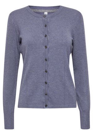 Knapp-up cardigan i en melerad blå tyg. Långa ärmar, rund halsringning och svarta knappar fram. Två sidofickor.
