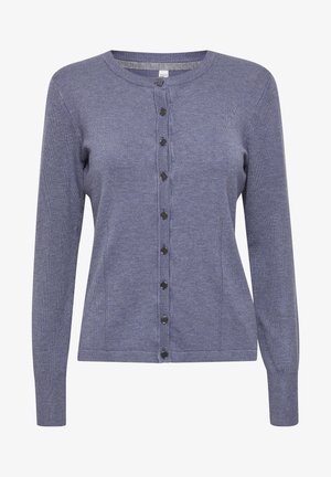 Zaprijetan kardigan iz mešane modre tkanine. Dolgi rokavi, okrogla izreza in črni gumbi spredaj. Dve stranski žepi.