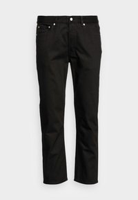 Black denim jeans with a straight-leg fit, featuring five pockets and silver hardware on a clean design. Smooth texture with no visible patterns.
