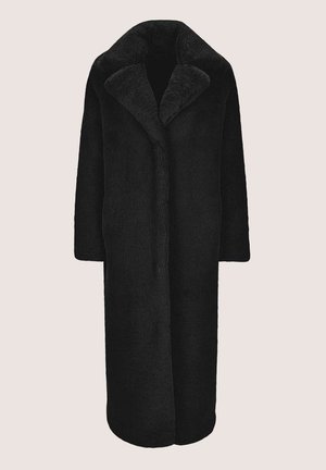 Zwarte lange jas van zacht, pluizig materiaal. Heeft een brede sjaalkraag, open voorkant en losse mouwen voor een comfortabele pasvorm.