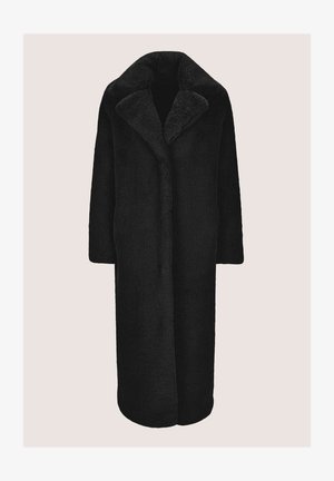 Zwarte lange jas van zacht, pluizig materiaal. Heeft een brede sjaalkraag, open voorkant en losse mouwen voor een comfortabele pasvorm.