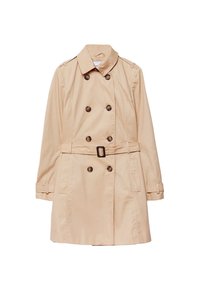 Trench coat beige hecho de tejido ligero con diseño de doble botonadura, grandes botones marrones, un cinturón en la cintura y bolsillos inclinados.