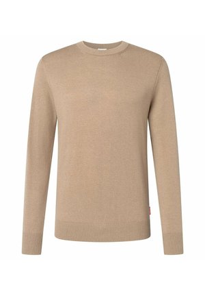 Maglione beige a maniche lunghe con scollo rotondo, polsini e orlo a coste, mostrato su sfondo bianco.